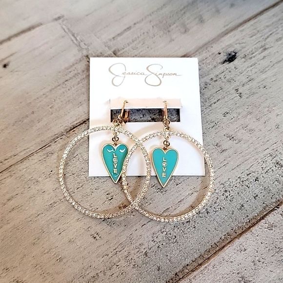 NWT JESSICA SIMPSON TIFFANY BLUE HEART HOOP LOVE EARRINGS - Picture 2 of 4